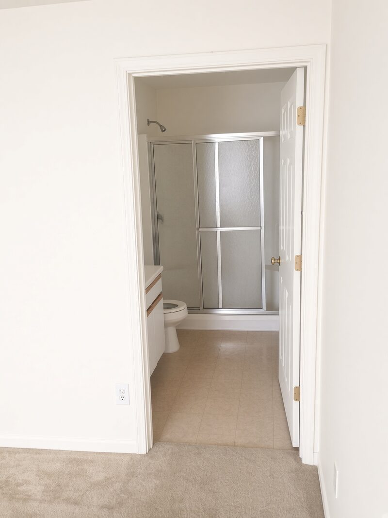 Bathroom off a hallway, walls and trim finished, shower enclosure and vanity past the open door.