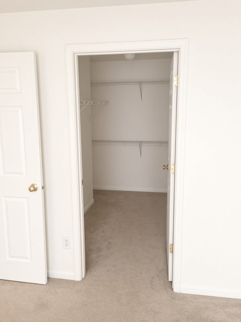 Walk-in closet painted out, wire shelving back on the wall.