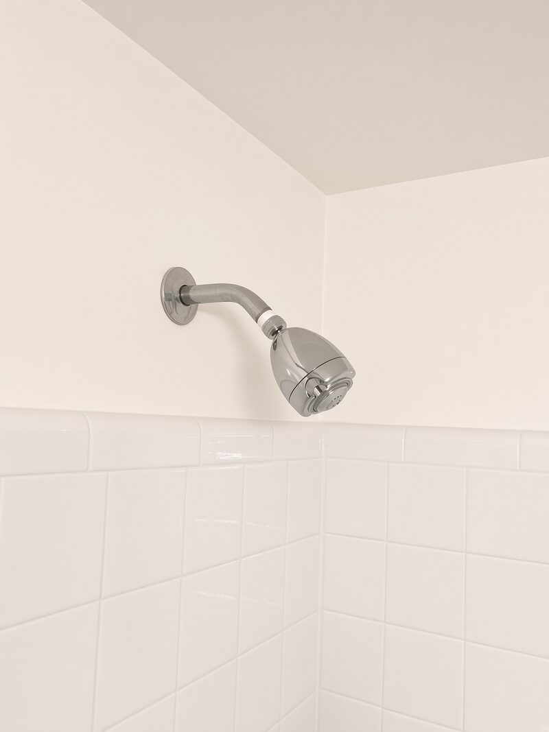 Shower head on a painted wall above white tile.