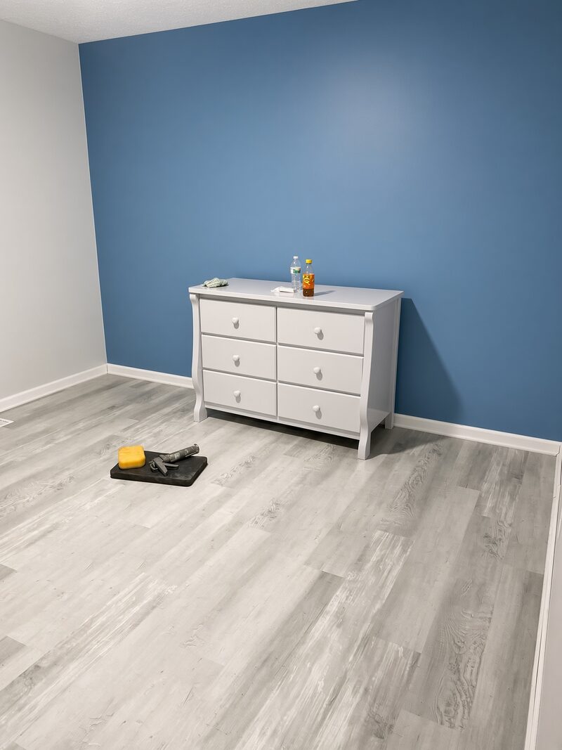 Blue accent wall behind a white dresser, baseboard and trim cut in clean.